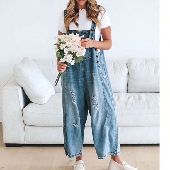 Dark Blue Distressed Wide Leg Adjustable Strap Denim Jean Overalls - Picture 2 of 9